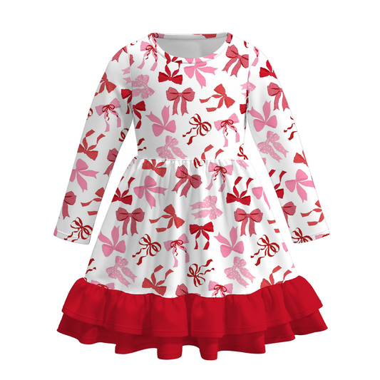 2026 Valentine's Day Girls Long Sleeves Ruffled Heart Twirl Dress