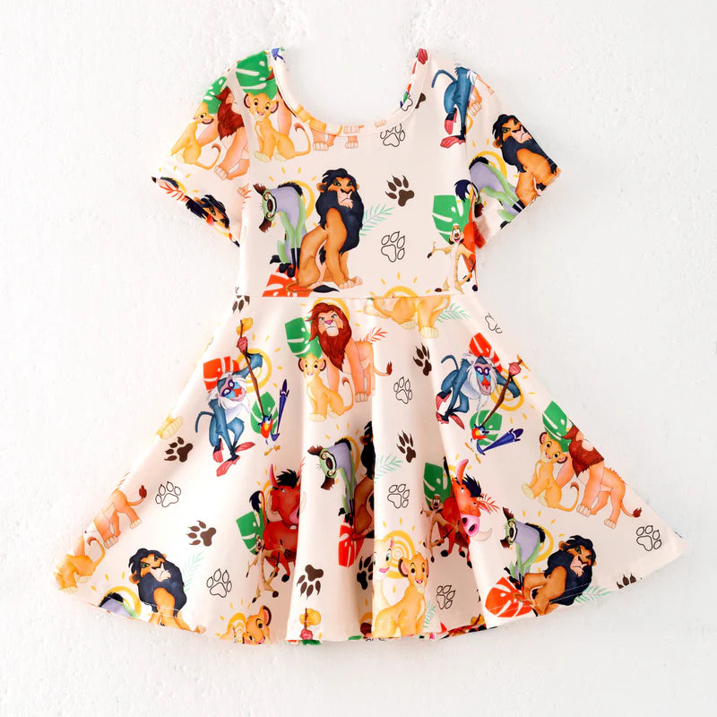 Girls Summer Cute Lion Cartoon Print Twirl Dress