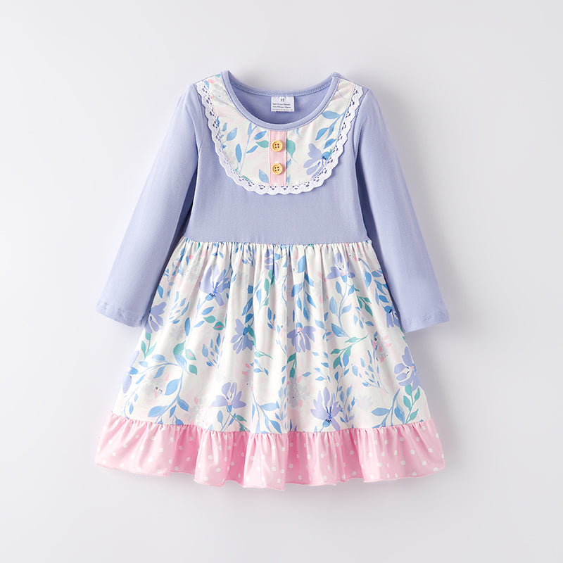 Girls Fall Autumn Pink Lavender Leaves Long Sleeves Dress