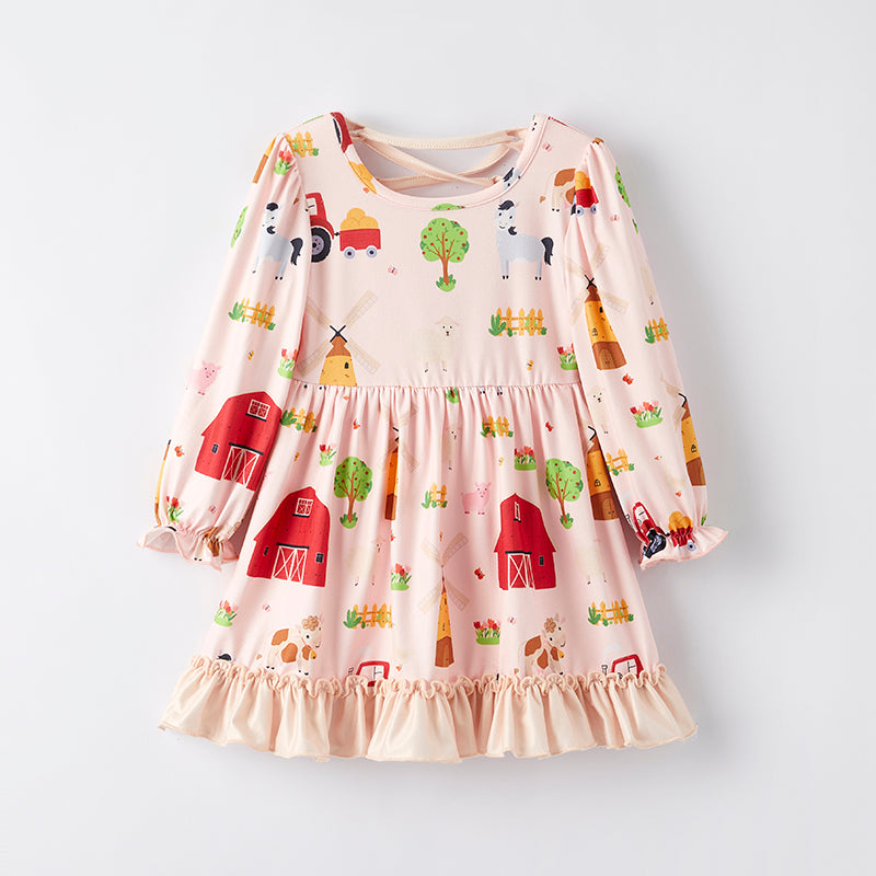 Girls Fall Autumn Farm Print Long Sleeves Dress