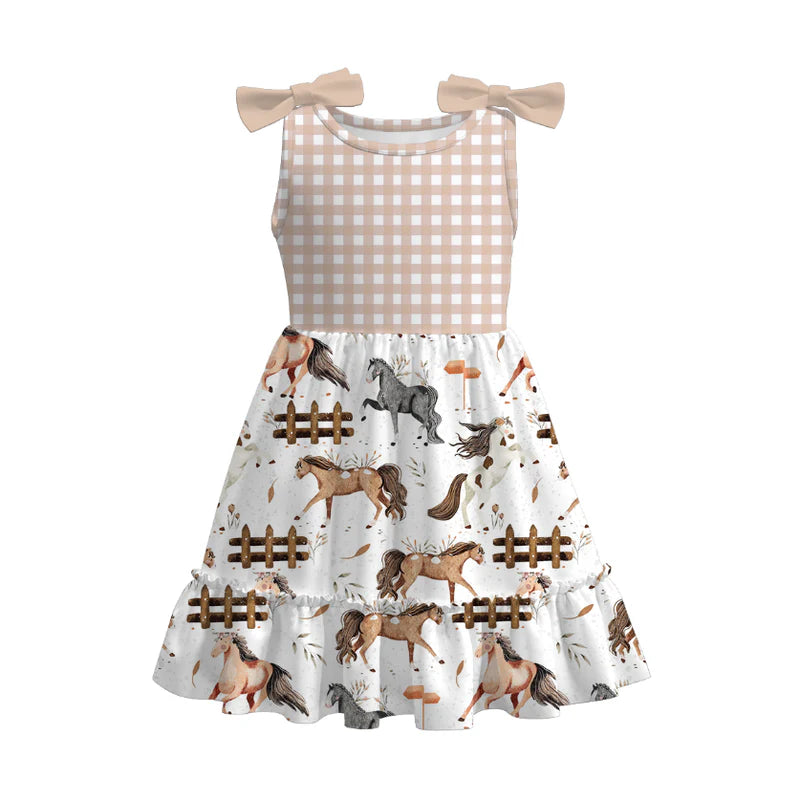 Girls Summer Plaid Horse Farm Print Dress