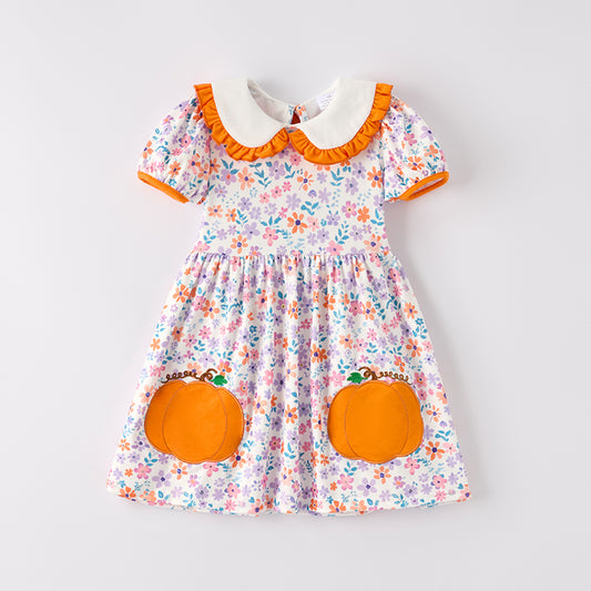 Pumpkin Embroidery Baby Girl Outfit – Dress & Bloomer Set