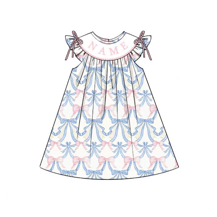 Girls Summer Pink Blue Bow Custom Name Embroidery Dress