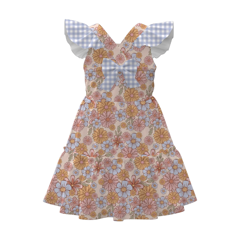 Summer Girls Floral Bunny Lemon Balloon Print Bow Dress