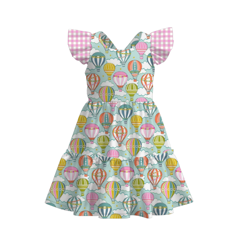 Summer Girls Floral Bunny Lemon Balloon Print Bow Dress