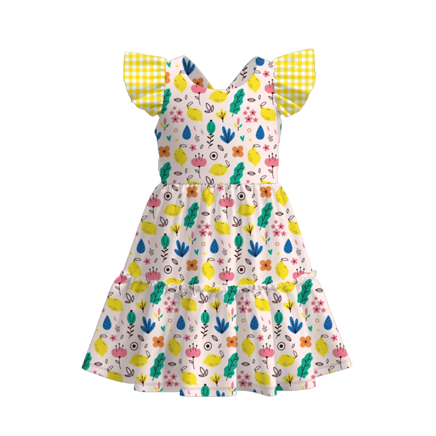 Summer Girls Floral Bunny Lemon Balloon Print Bow Dress