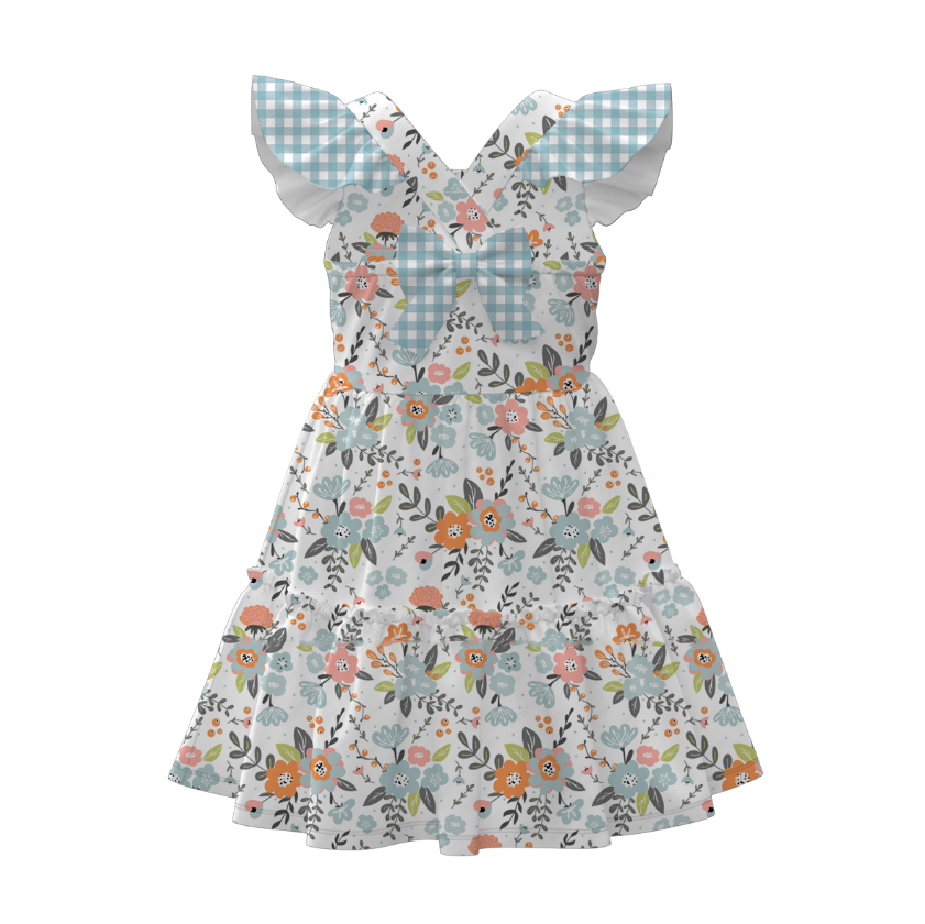 Summer Girls Floral Bunny Lemon Balloon Print Bow Dress