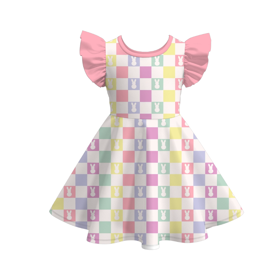 Spring Summer Girls Easter Bunny Checkered Pattern Dress