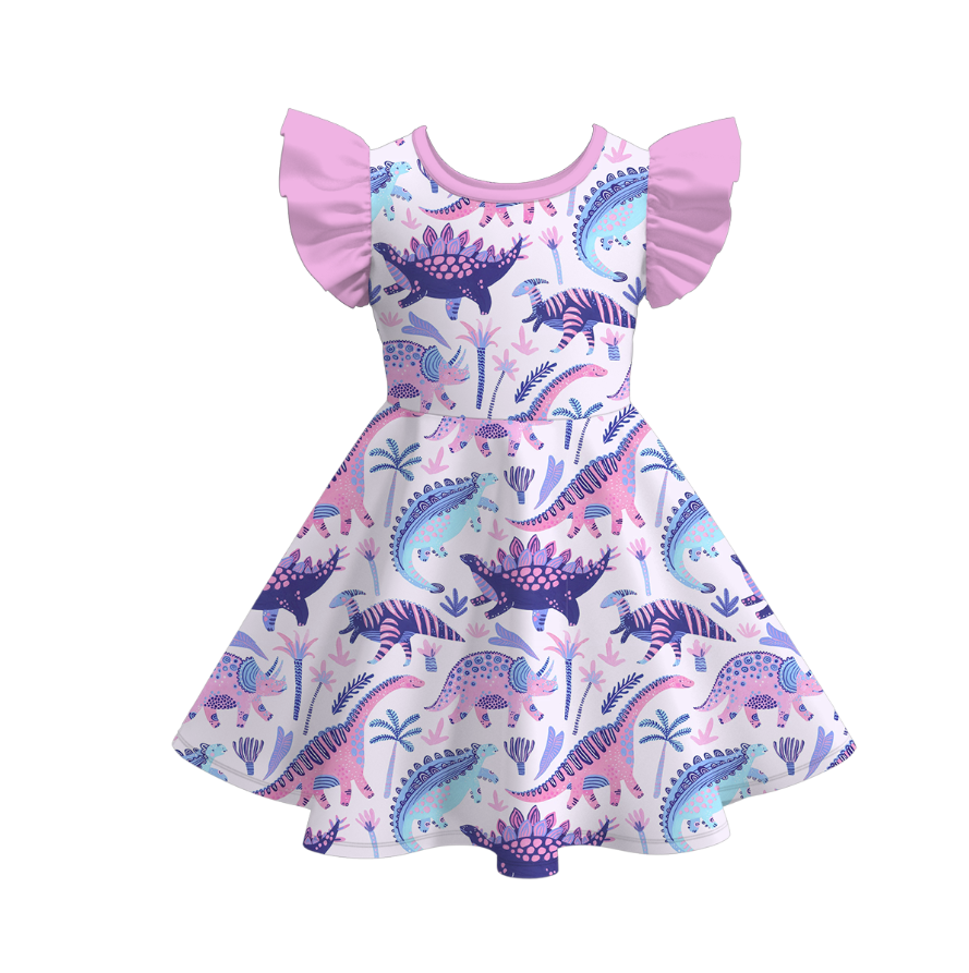 Spring Summer Girls Lavender Dino Pattern Milk Silk Dress