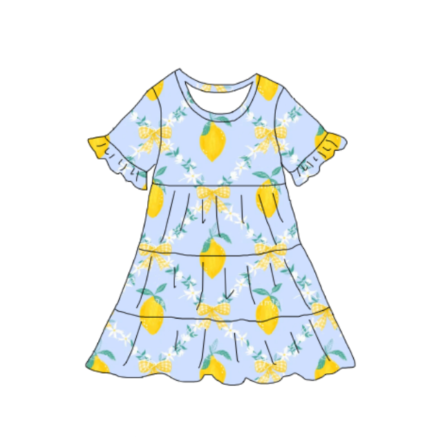 Mommy and Me Lemon Bow Patchwork Short Sleeves Dress