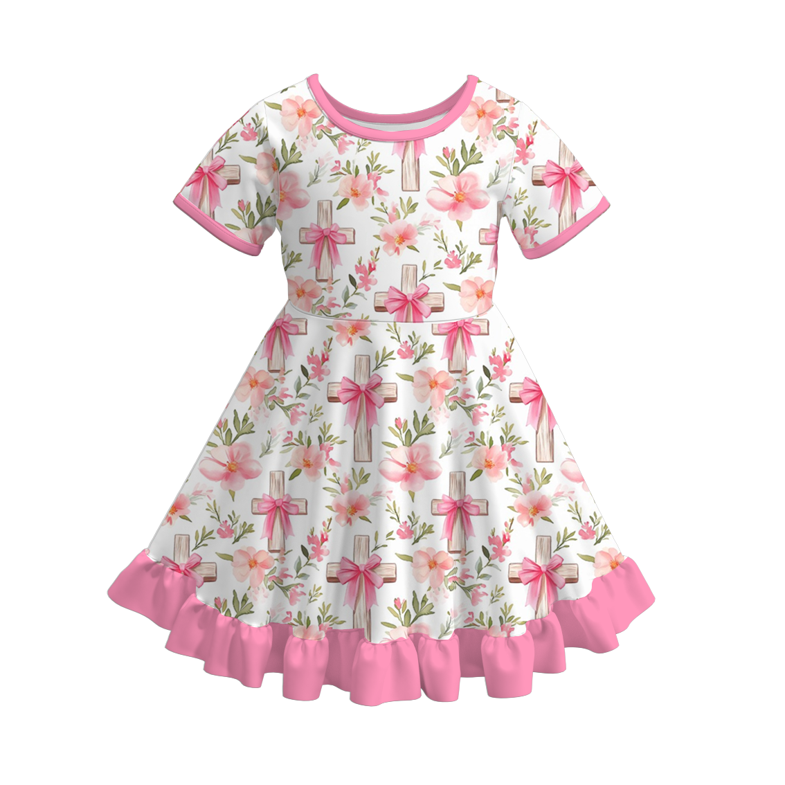 Spring Girls Easter Bunny Floral Chick Pattern Ruffles Dress