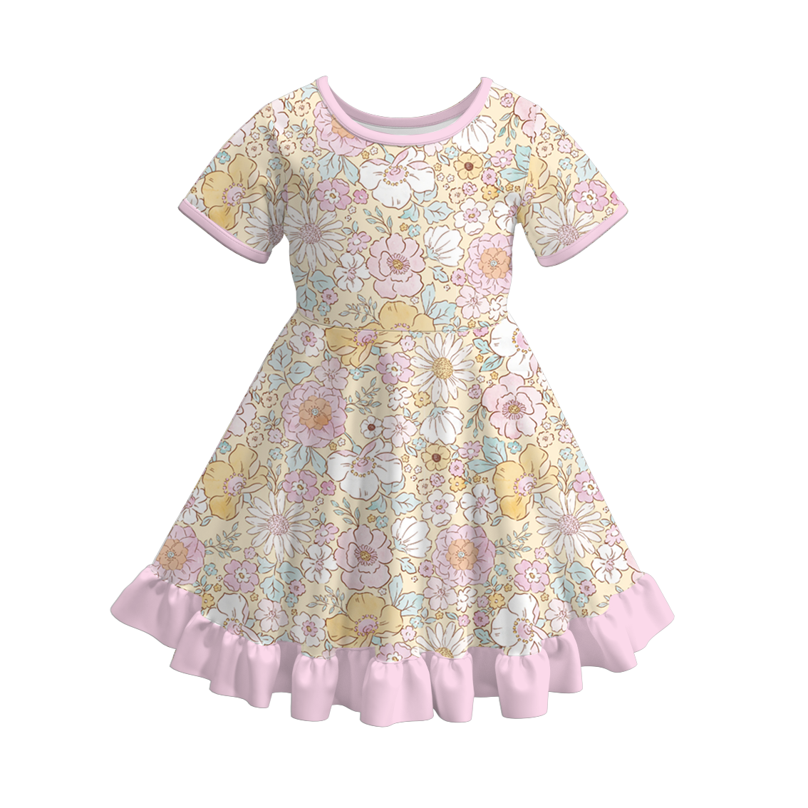 Spring Girls Easter Bunny Floral Chick Pattern Ruffles Dress
