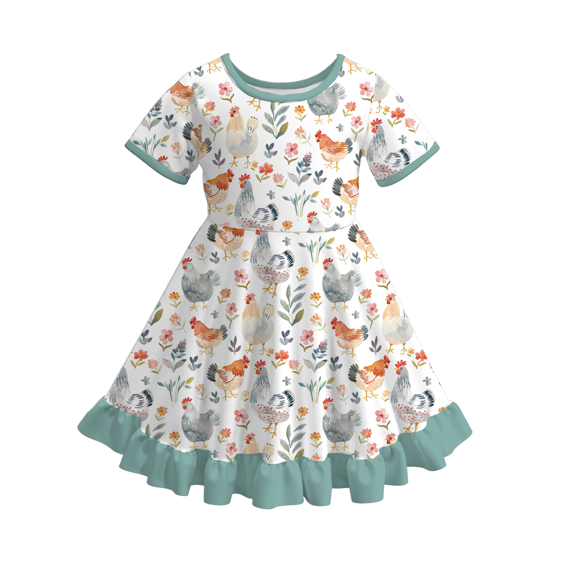 Spring Girls Easter Bunny Floral Chick Pattern Ruffles Dress