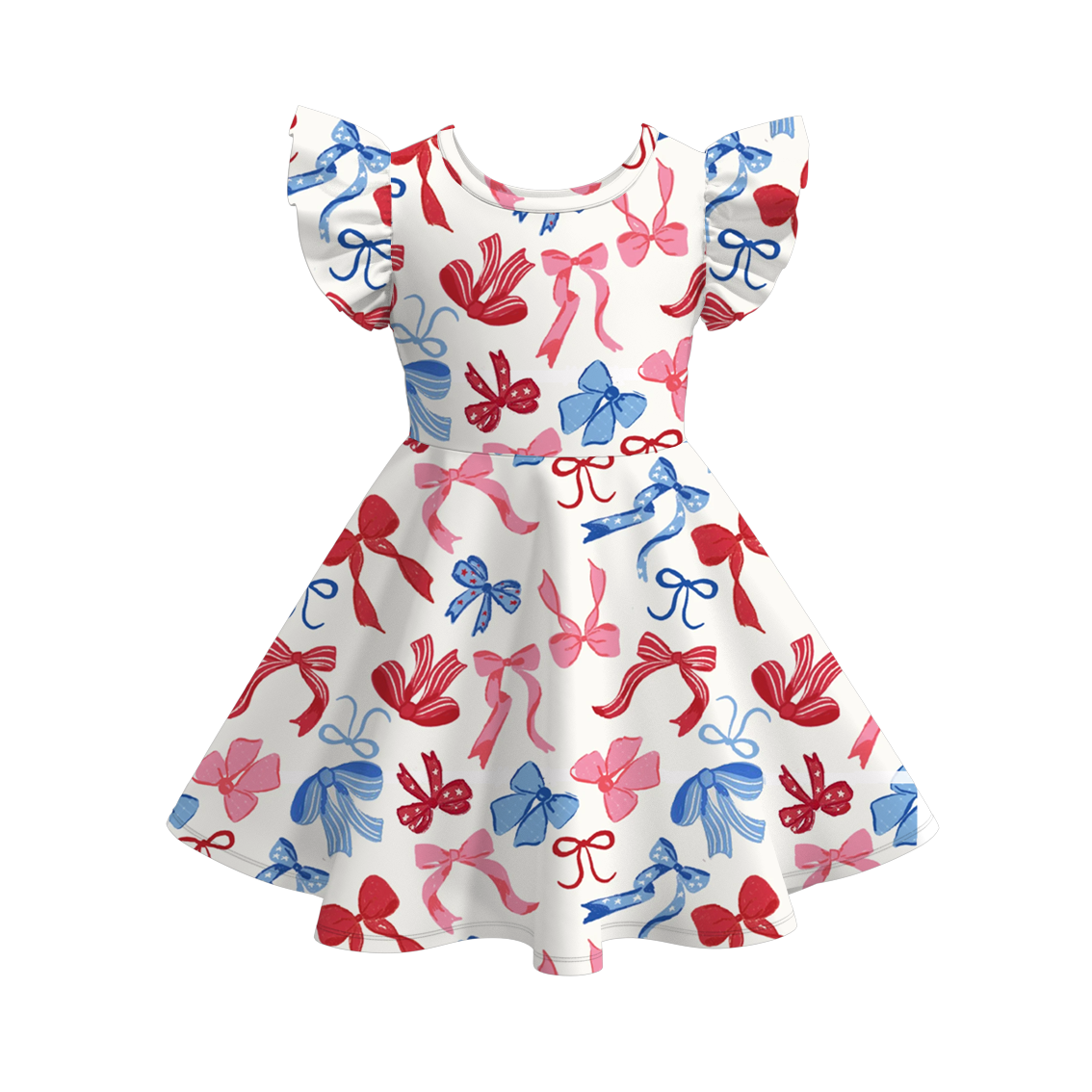 Girls July 4th Red Blue Bow Print Short Sleeves Twirl Dress
