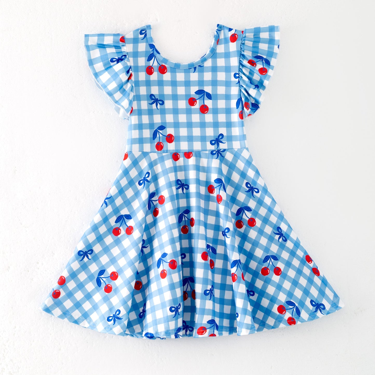 Girls Summer July 4th Cherry Bow Blue Plaid Dress