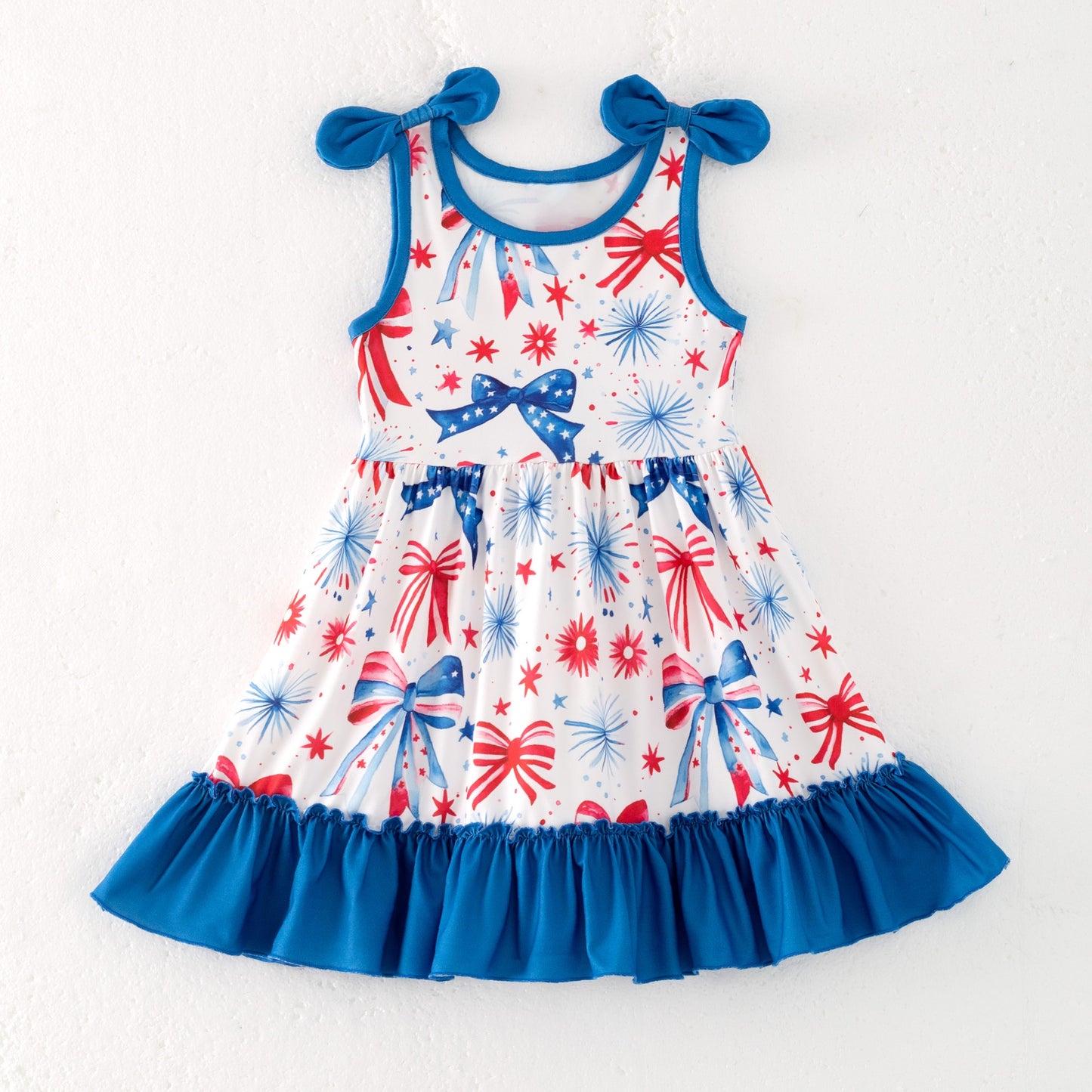 Girls Summer July 4th Red Blue Bow Ruffled Dress