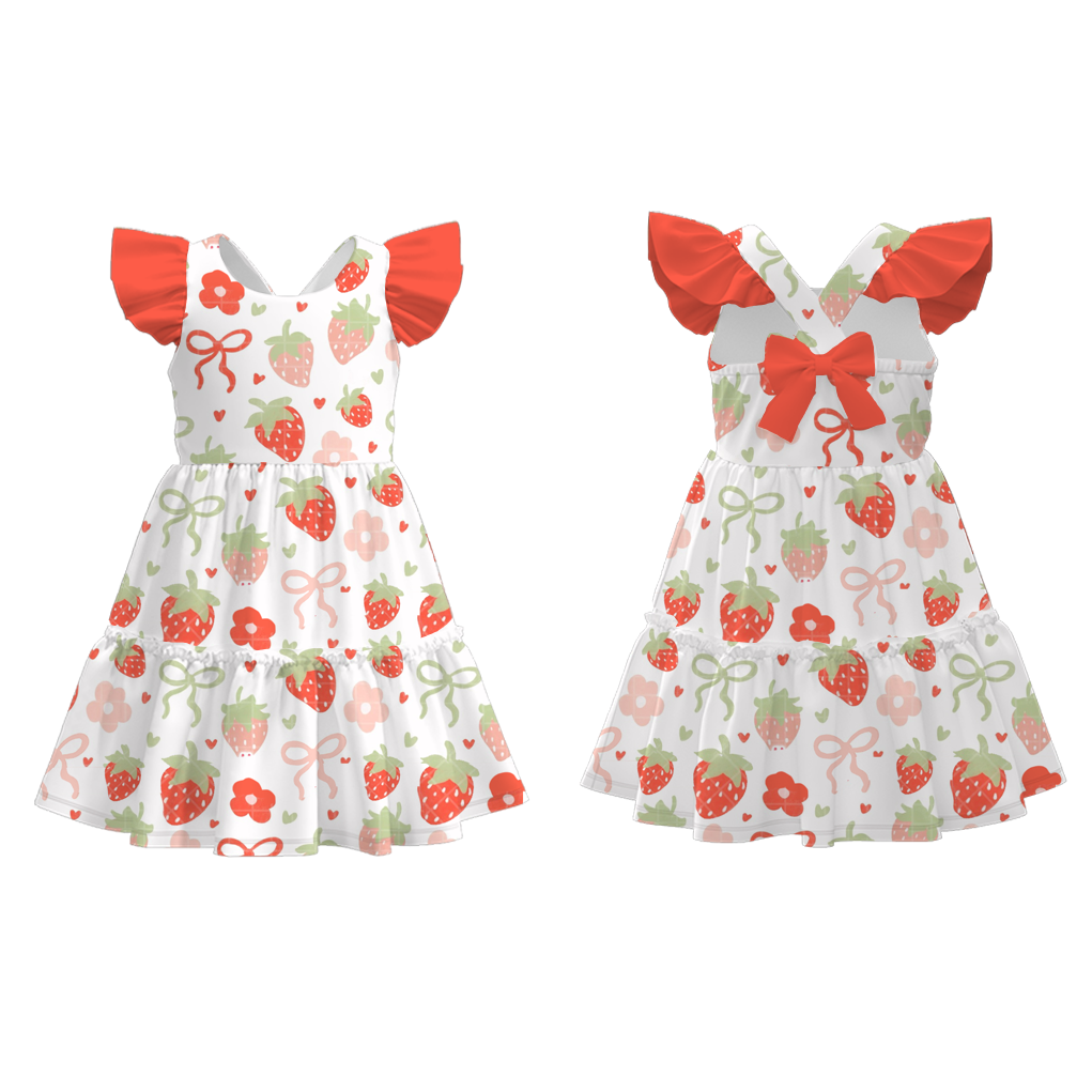 Girls Summer Strawberry Bow Soft Milk Silk Dress