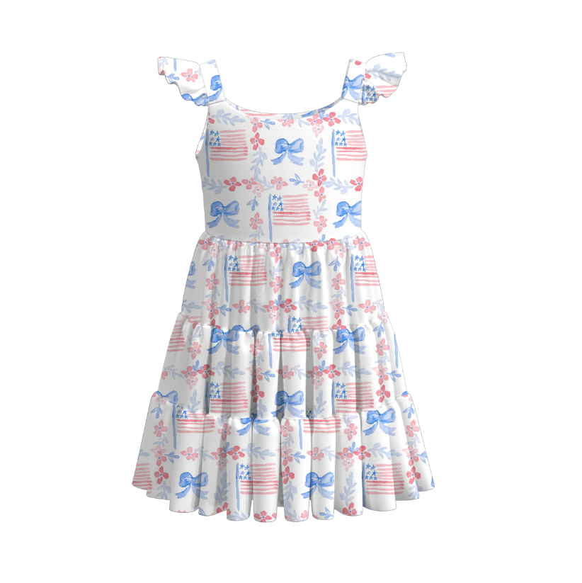 Girls Summer July 4th Flag Bow Print Patchwork Dress