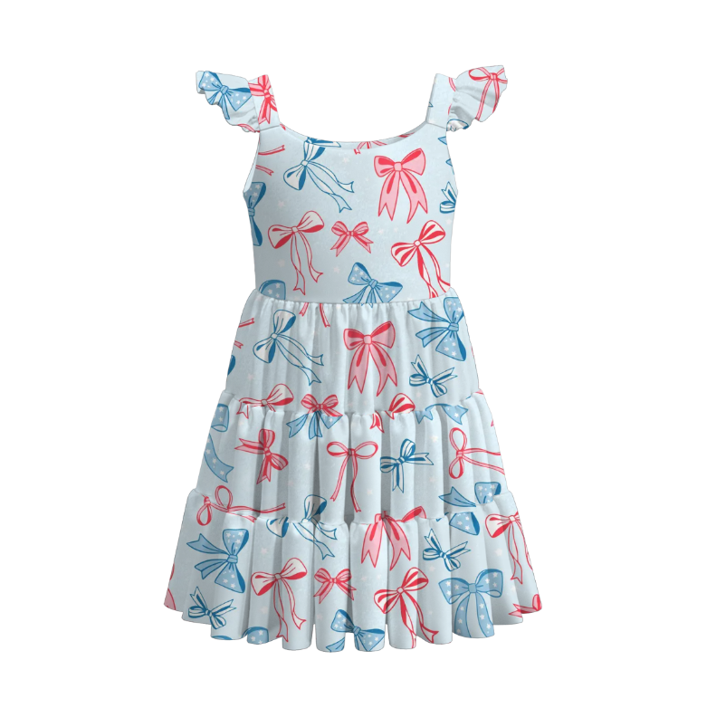 Girls Summer 4th Of July Red Blue Bow Print Patchwork Dress
