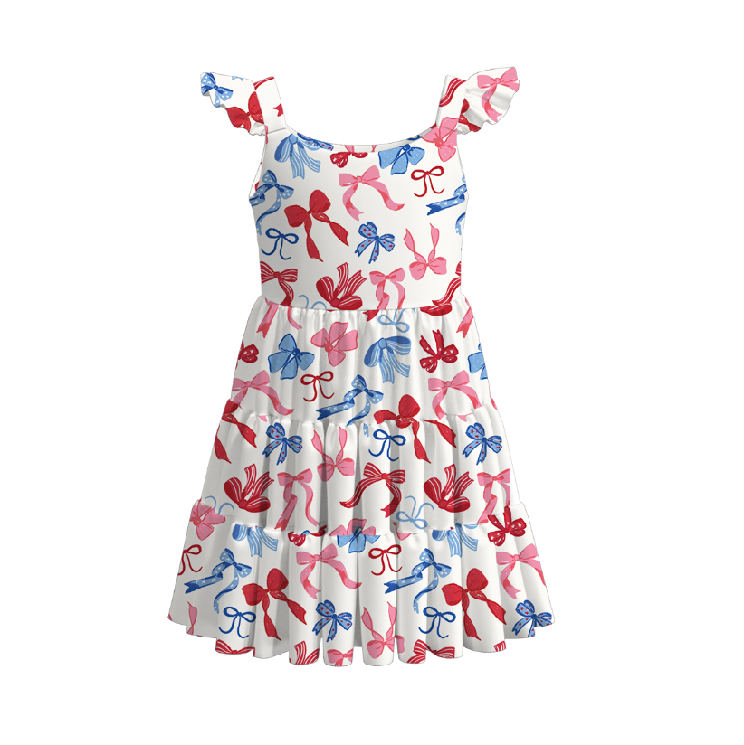 Girls Summer July 4th Red Blue Bow Print Patchwork Dress