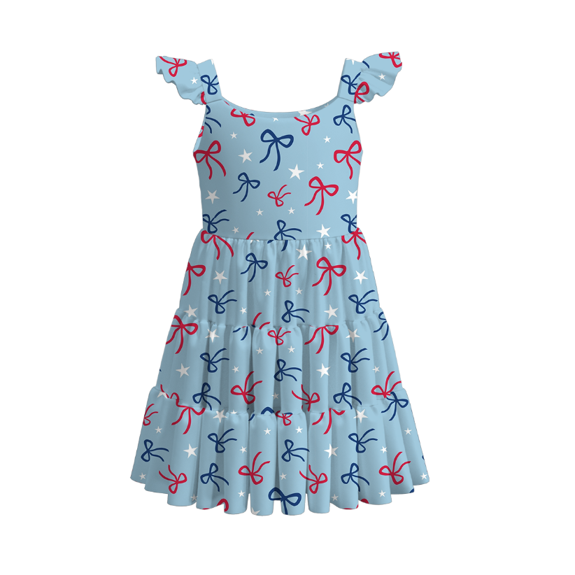 Girls Summer July 4th Bow Print Patchwork Blue Dress