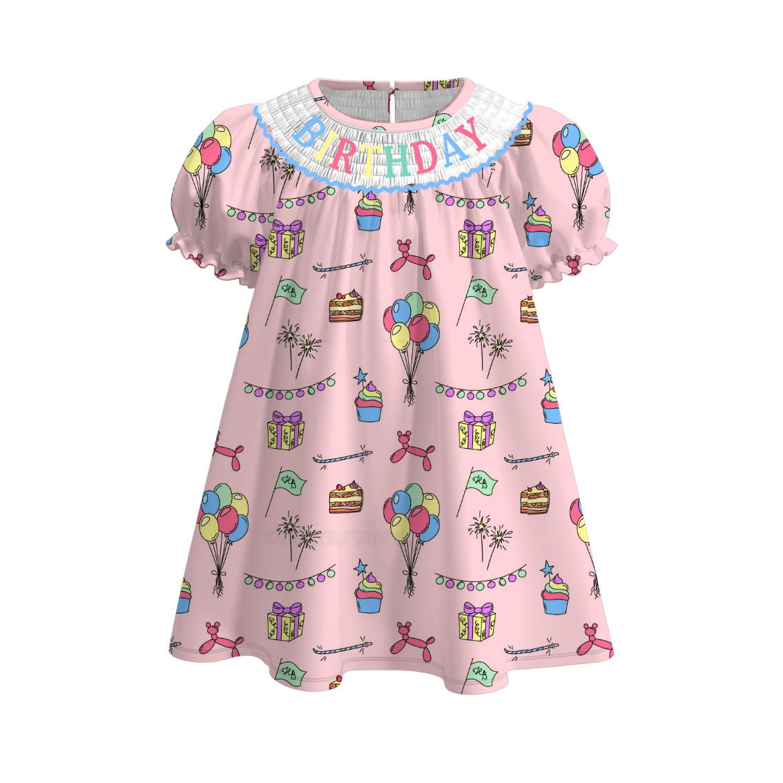 Girls Birthday Themed Smocked Embroidered Pink Dress