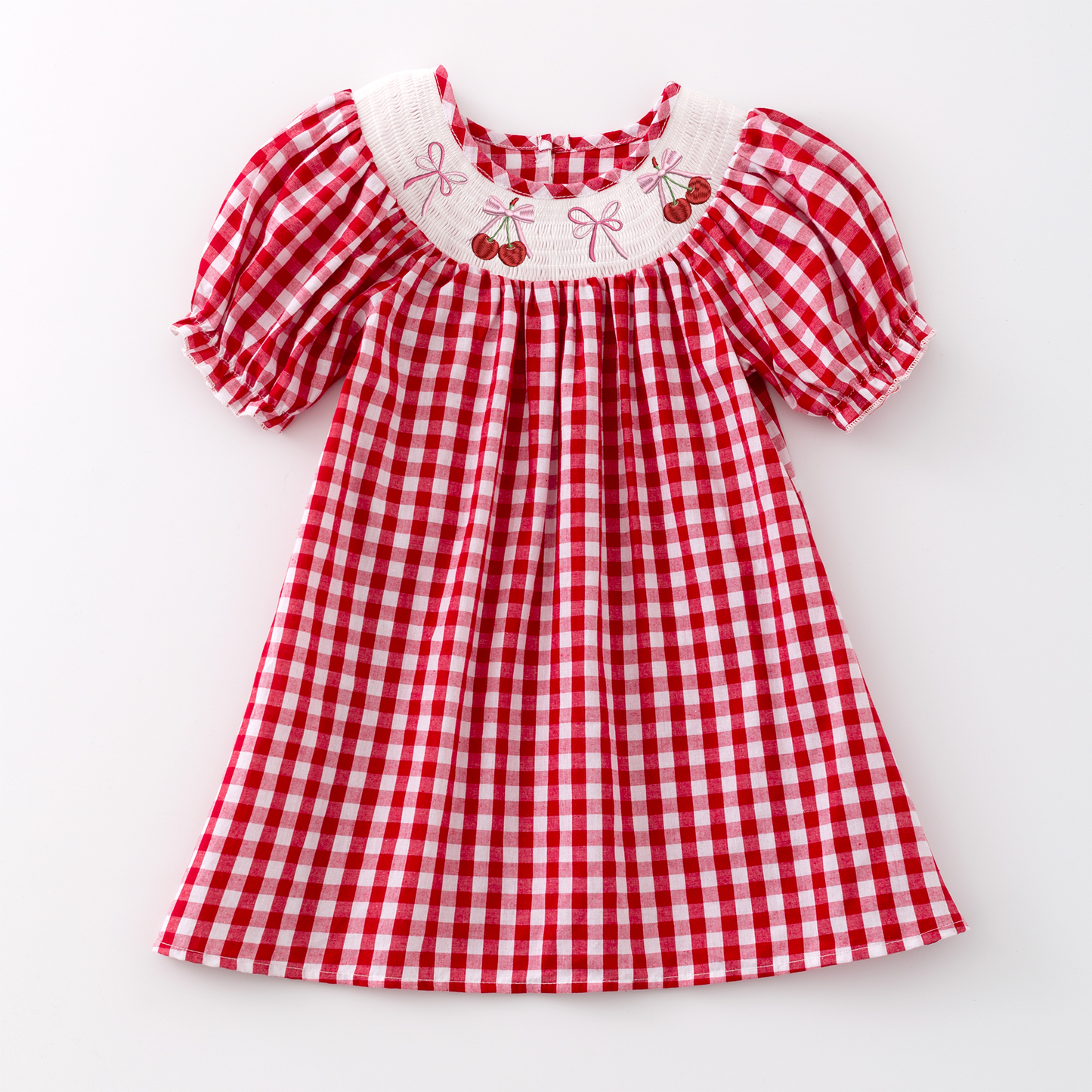 Girls Summer Red Plaid Bow Cherry Smocked Dress