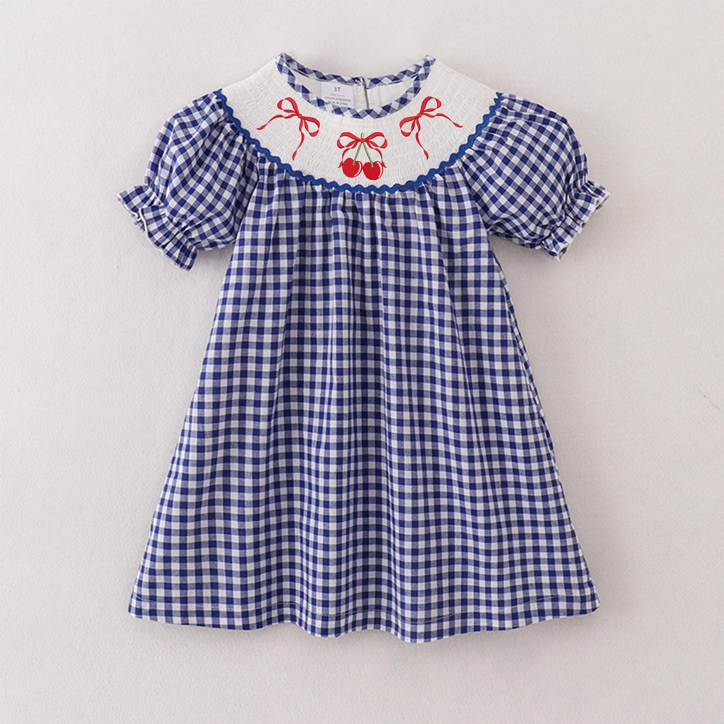 Girls Summer Blue Plaid Bow Cherry Smocked Dress