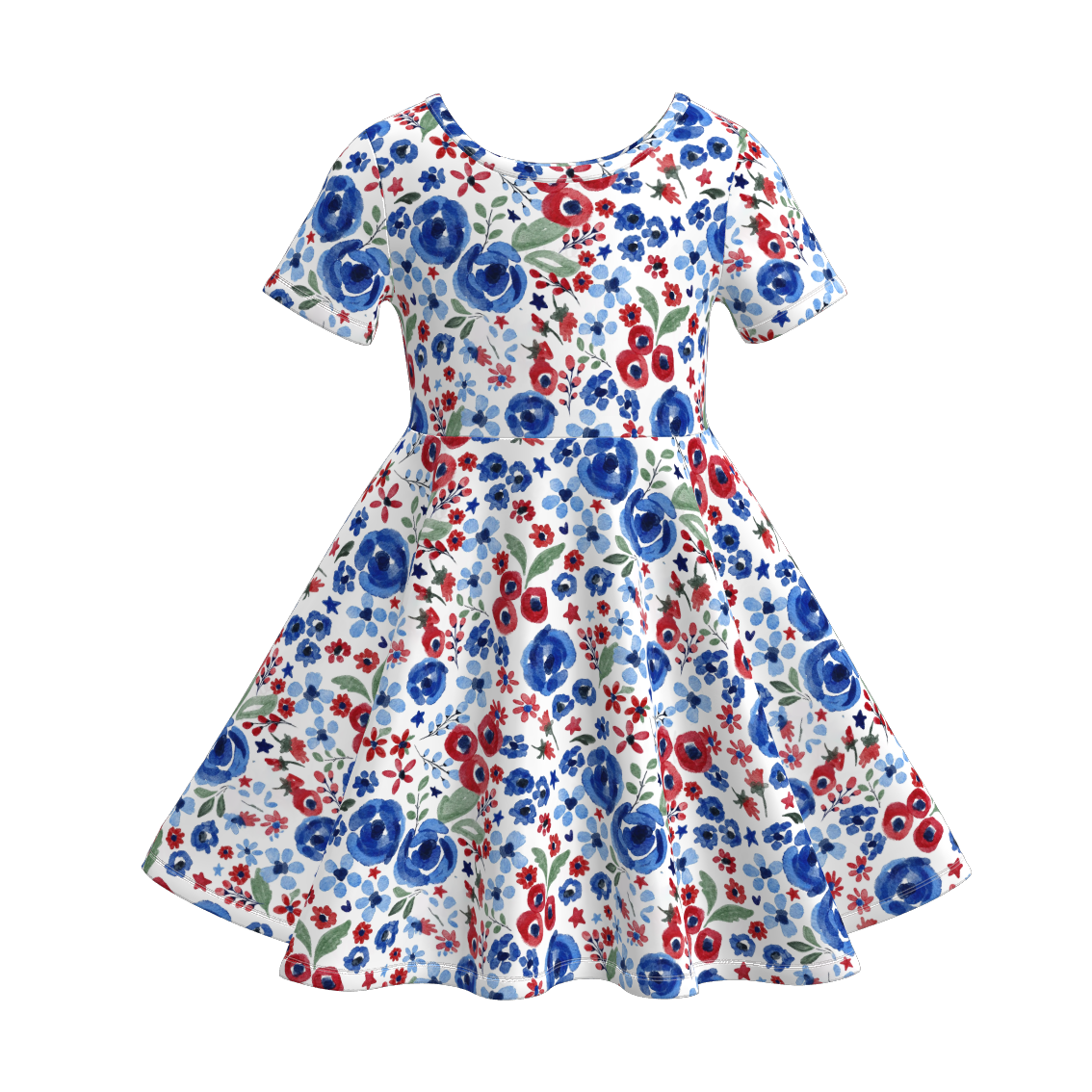 Girls Summer Blue Red Floral July 4th Twirl Dress