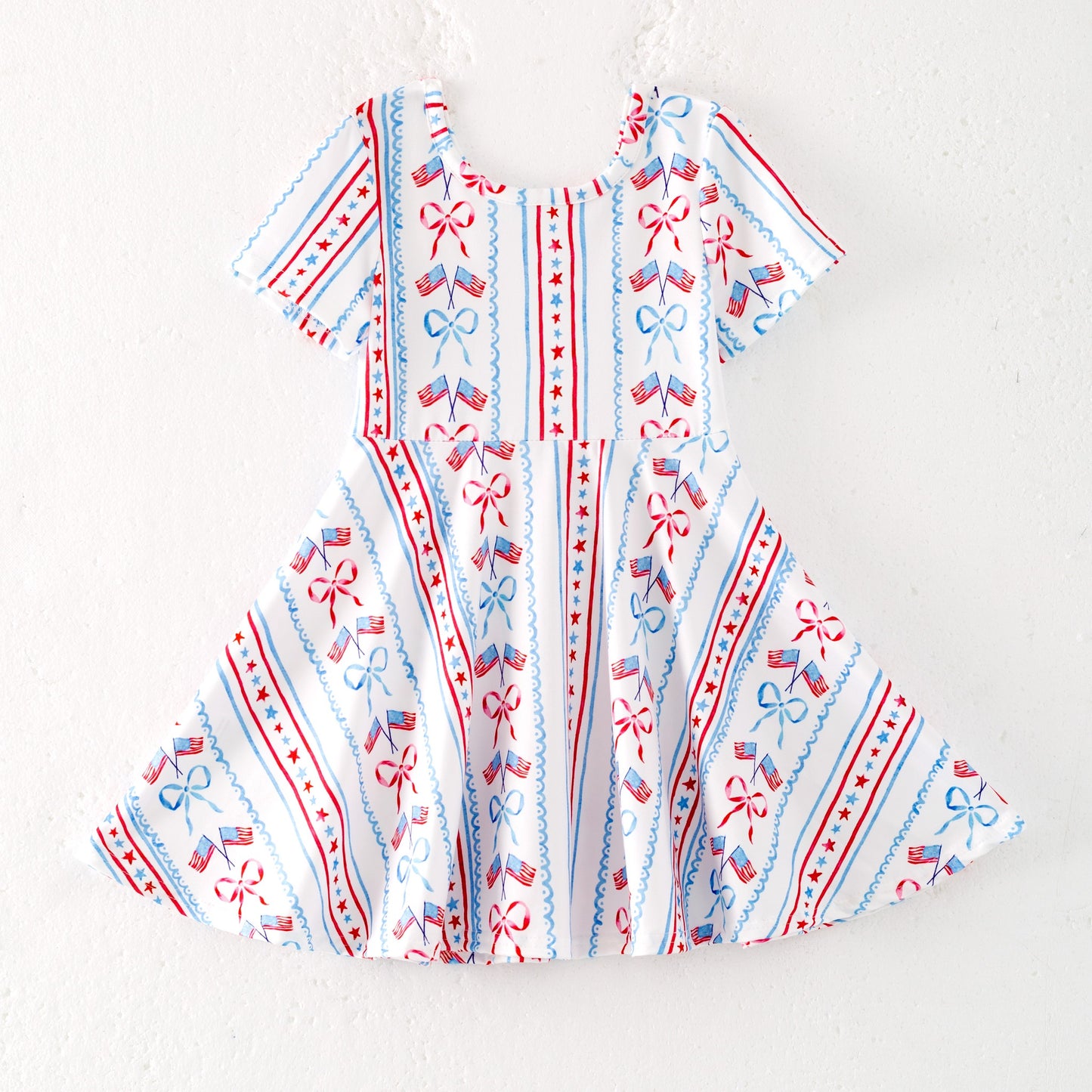 Girls Summer July 4th Cherry Bow Blue Red Dress