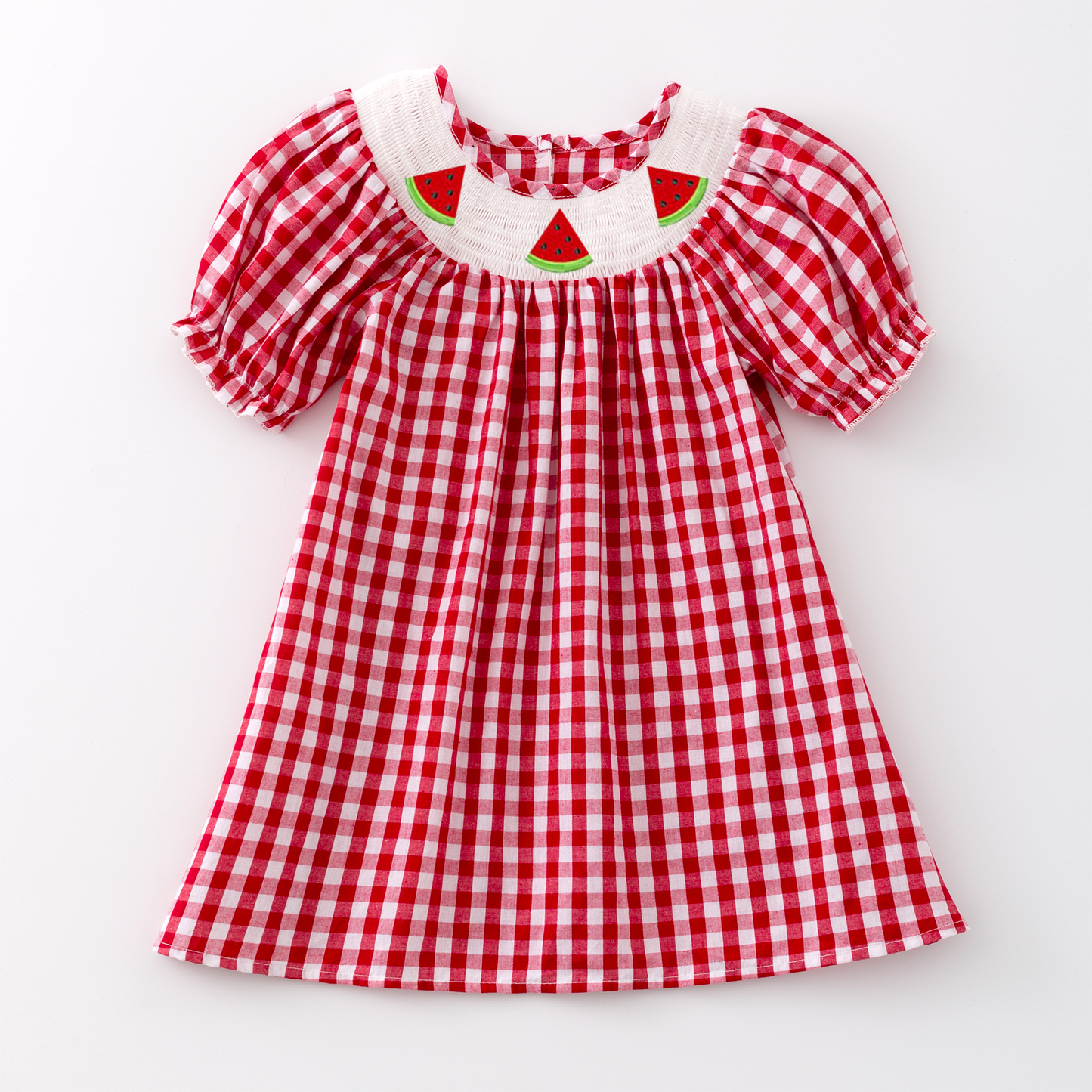 Girls Summer Red Plaid Watermelon Smocked Dress