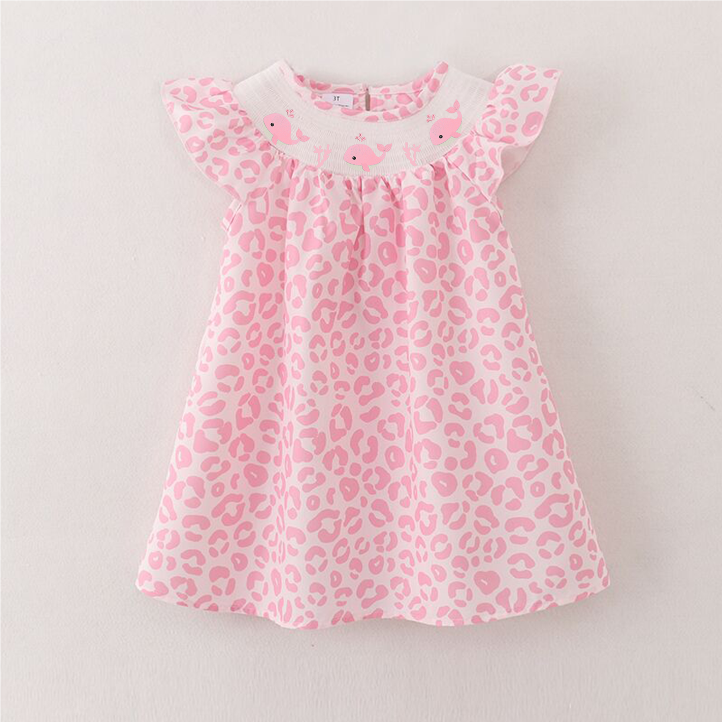 Girls Summer Pink Leopard Print Whale Smocked Dress