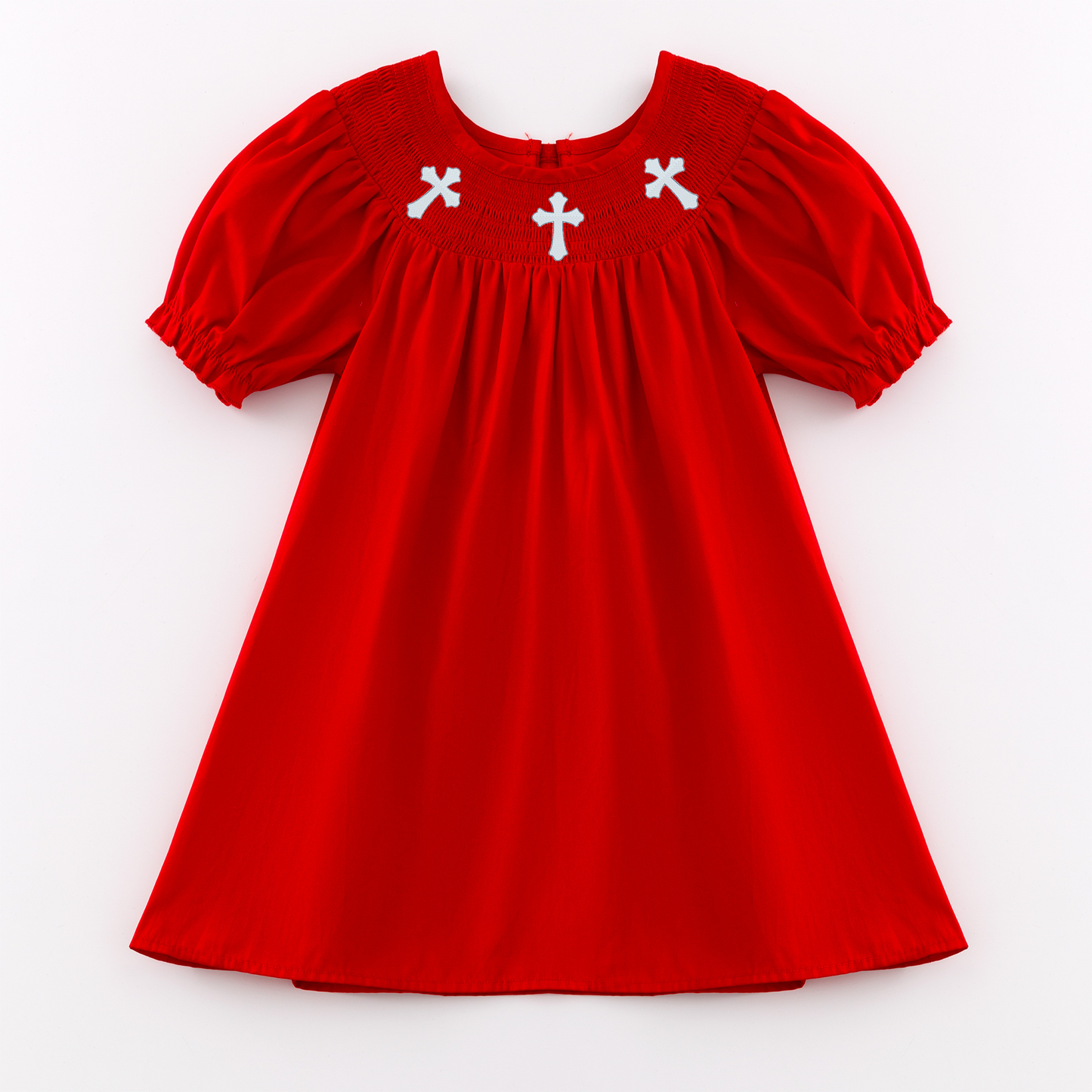 Girls Summer Red Cross Embroidered Smocked Dress