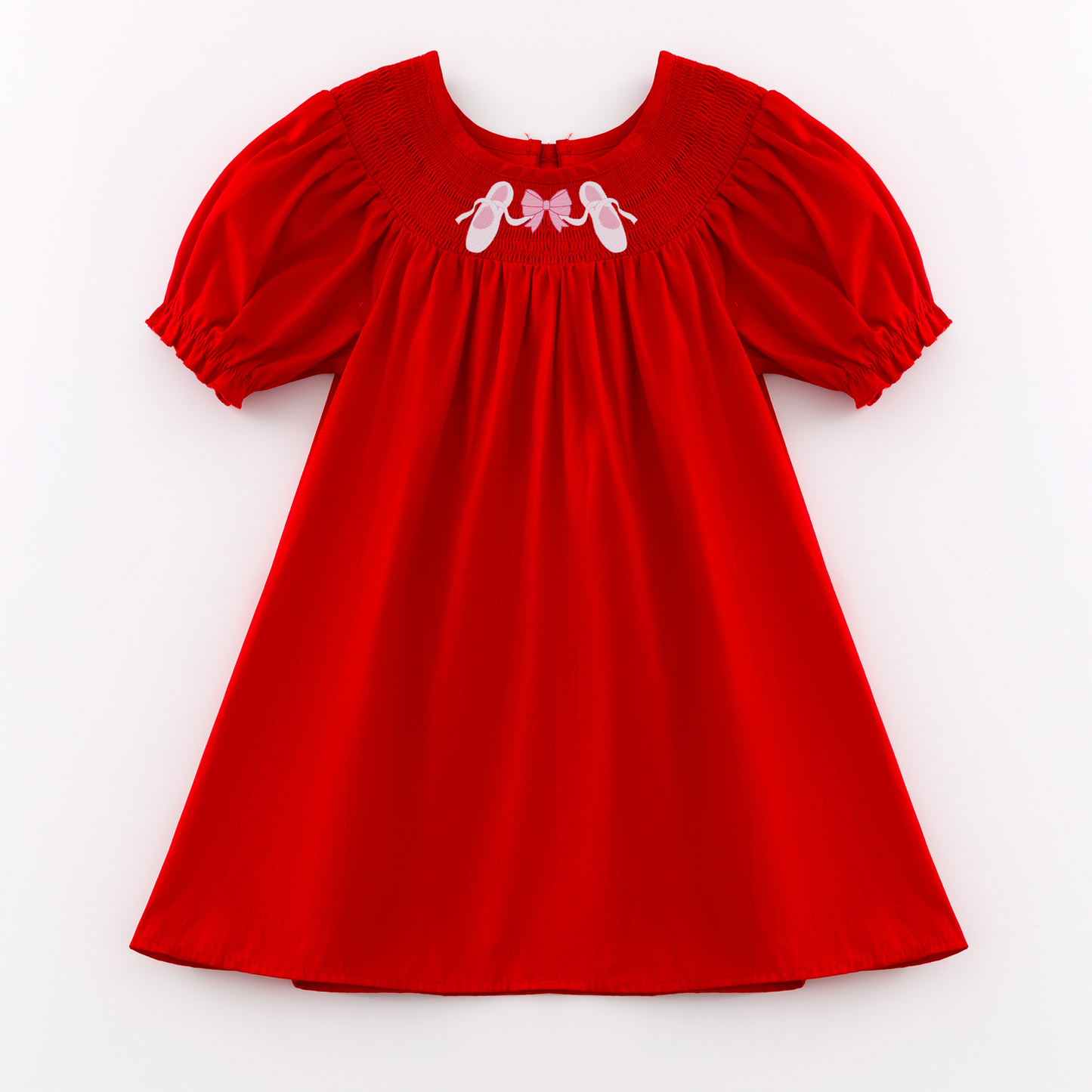 Girls Summer Red Bow Embroidered Smocked Dress