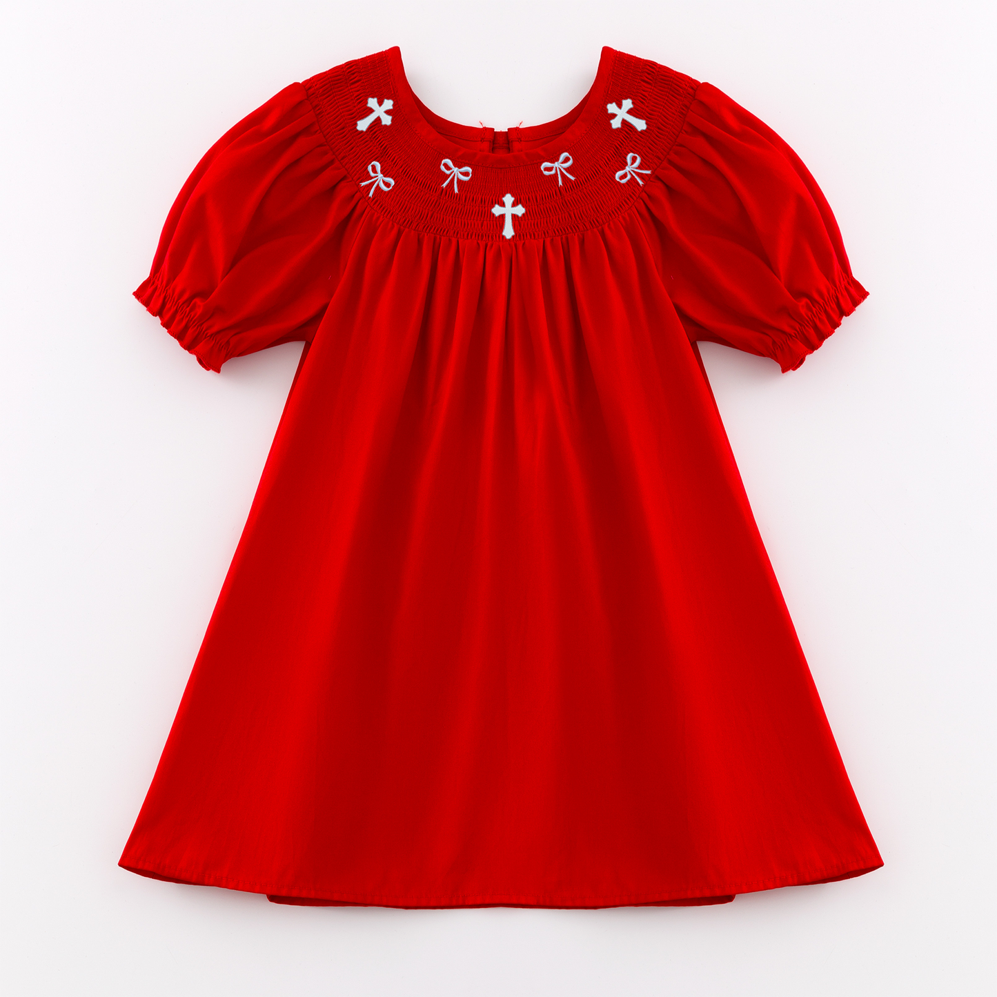 Girls Summer Red Cross Bow Embroidered Smocked Dress