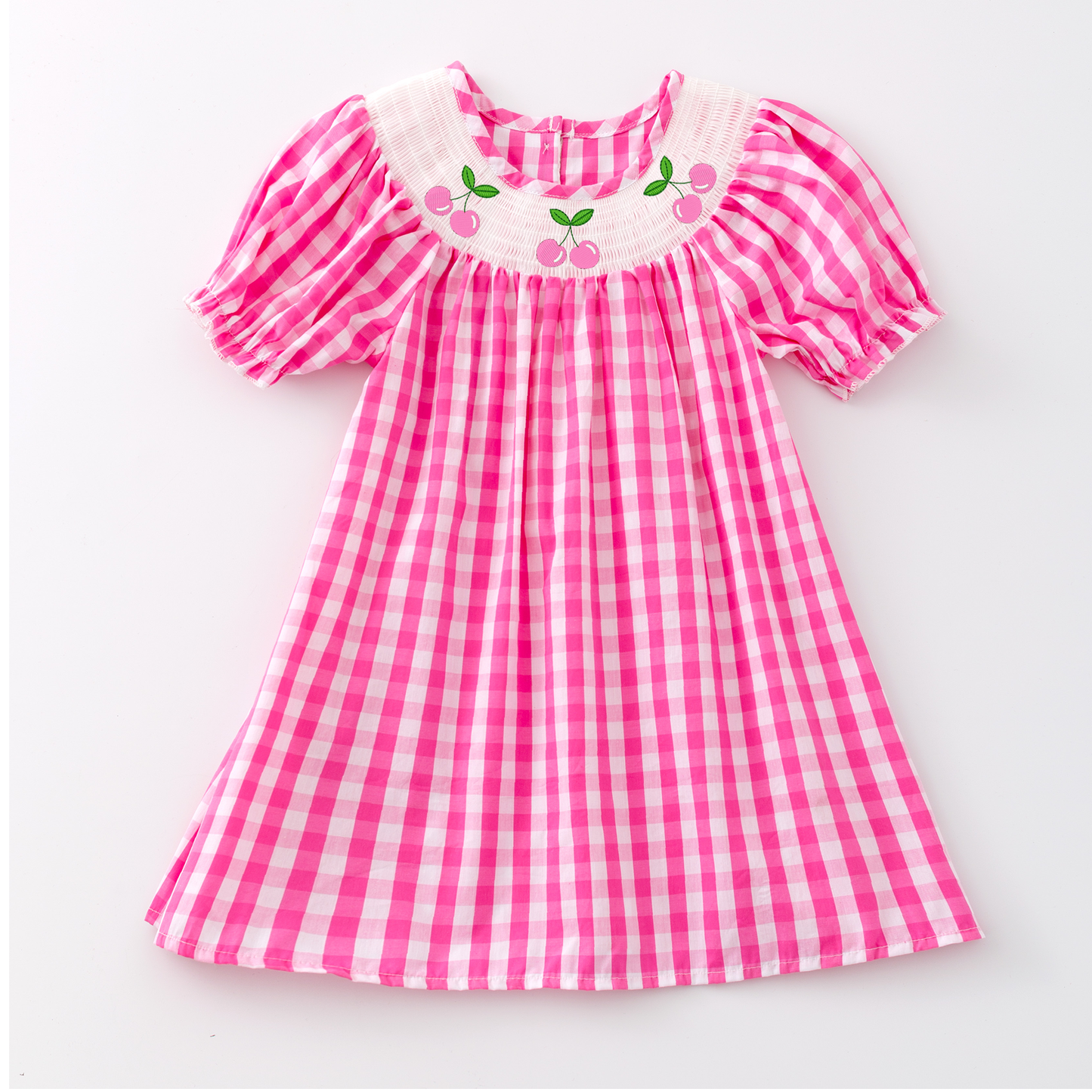 Girls Summer Pink Plaid Cherry Smocked Dress