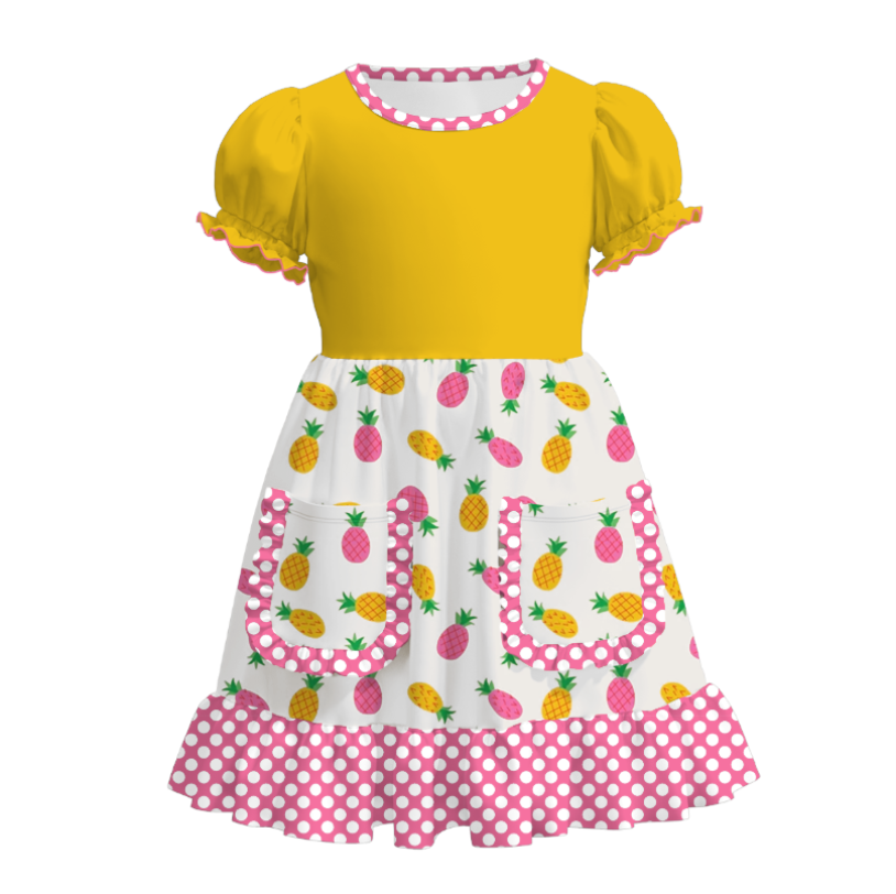 Girls Summer Pineapple Pocket Pink Dot Yellow Dress