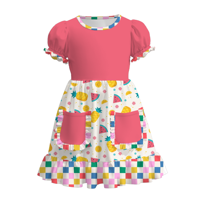 Girls Summer Watermelon Pineapple Pocket Plaid Dress