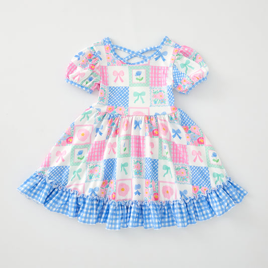 Girls Summer Blue Plaid Pink Bow Print Short Sleeves Dress