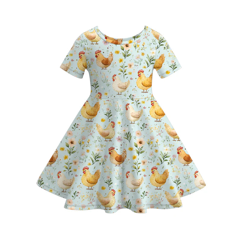 Girls Summer Farm Chick Print Milk Silk Soft Dress