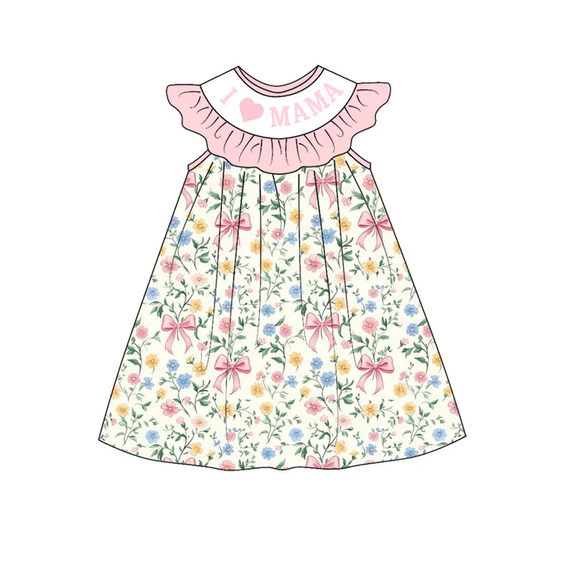 Girls Summer "I LOVE MAMA" Smocked Floral Bow Print Dress