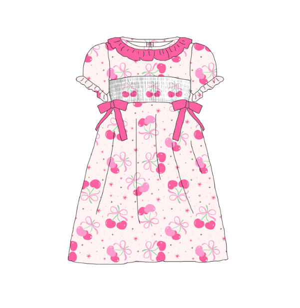 Girls Summer Pink Cherry Smocked Embroidered Dress