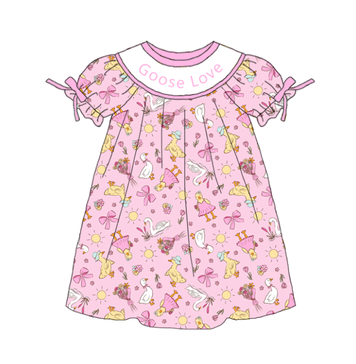 Girls Summer "Goose Love"Smocked Silly Goose Dress