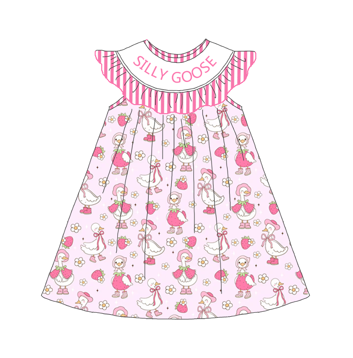 Girls Summer "Silly Goose"Smocked Pink Cartoon Print Dress