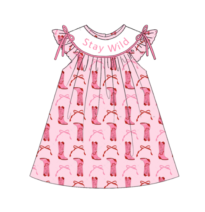 Girls Summer "Stay Wild"Smocked Boots Pink Dress