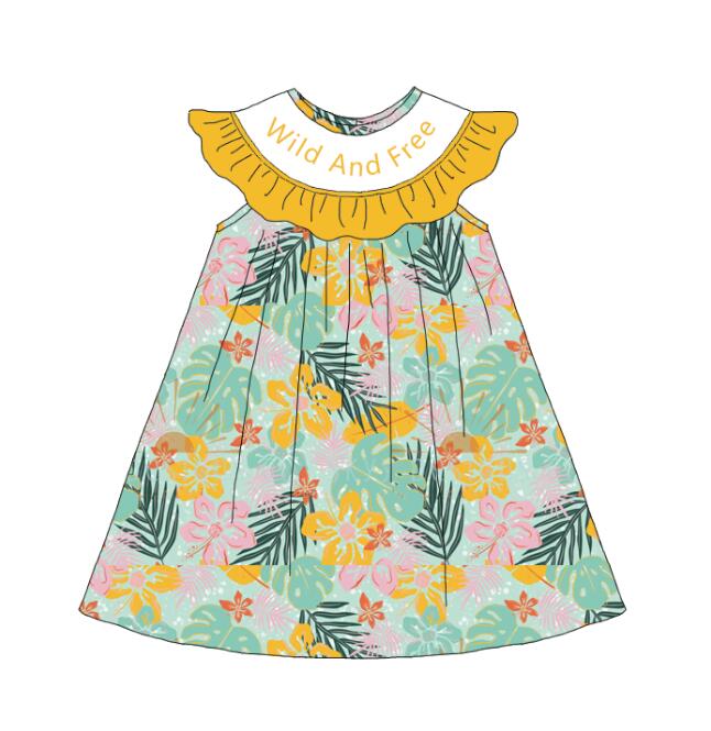 Girls Summer "Wild And Free"Smocked Floral Yellow Dress
