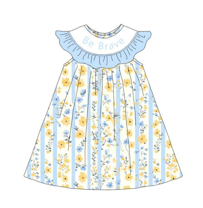Girls Summer "Be Brave"Smocked Yellow Blue Bow Dress