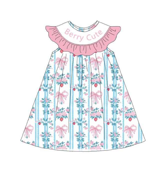 Girls Summer "Berry Cute"Smocked Pink Bow Dress