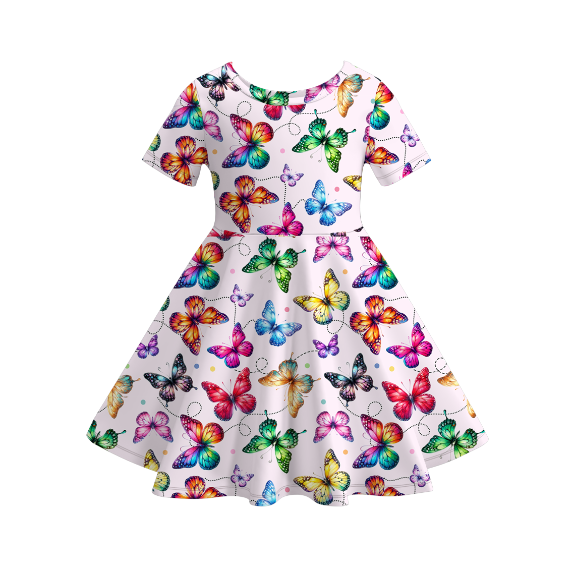 Girls Summer Colorful Butterfly Print Short Sleeves Dress