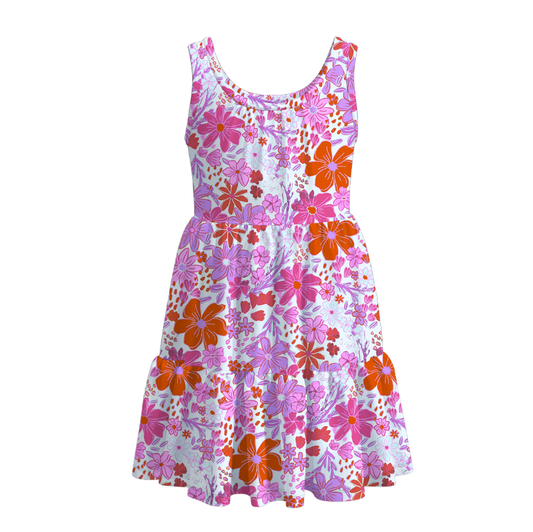 Girls Summer Floral Plaid Print Patchwork Dress